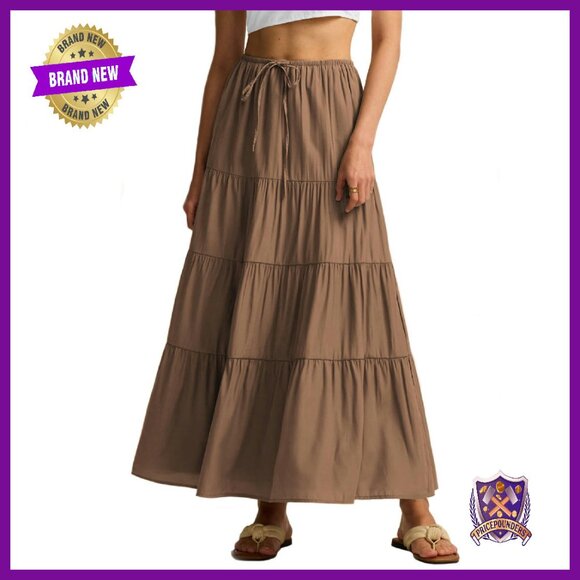 Dresses & Skirts - Maxi Skirt with Lining Elastic Waist Drawstring Tiered A-Line Flowy